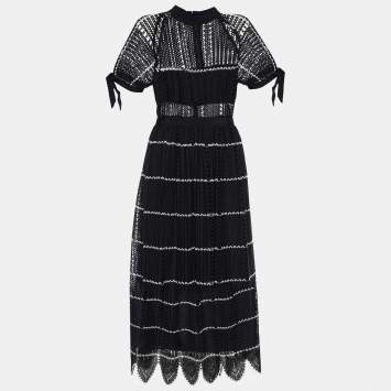 Pre Owned Self-Portrait Black Eyelet Lace Scalloped Midi Dress L