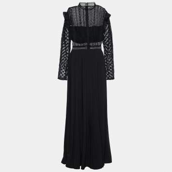 Pre Owned Self-Portrait Black Guipure Lace & Crepe Pleated Maxi Dress L