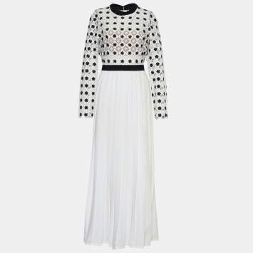 Pre Owned Self-Portrait White Floral Lace & Crepe Pleated Maxi Dress L