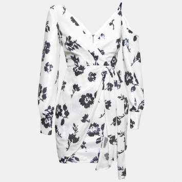 Pre Owned Self-Portrait White Floral Sequin Embellished Wrap Detail Short Dress S