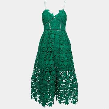 Pre Owned Self-Portrait Green Mesh Azalea Lace Midi Dress S