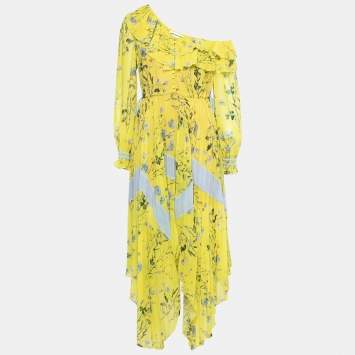 Pre Owned Self-Portrait Yellow Floral Printed Crepe Plisse One-Shoulder Dress M