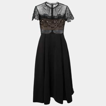 Pre Owned Self-Portrait Black Jersey Lace & Tulle Paneled Felicia Midi Dress L