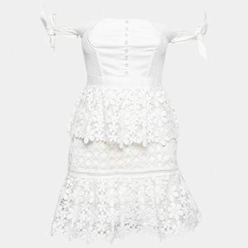Pre Owned Self-Portrait White Floral Guipure Lace Off-Shoulder Mini Dress S