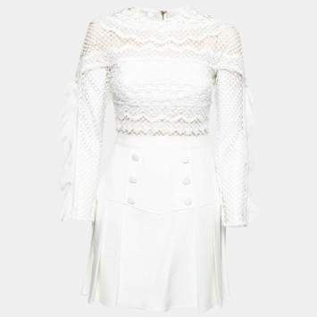 Pre Owned Self Portrait White Crepe and Lace Ruffle Trim Detailed Pleated Dress S