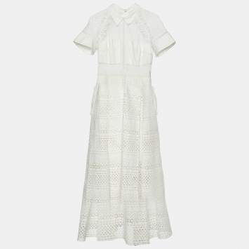 Pre Owned Self-Portrait White Broderie Anglaise Cotton Midi Dress M