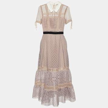 Pre Owned Self-Portrait Pale Pink Lace Paneled Midi Dress M