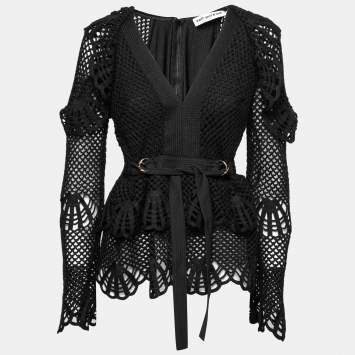 Pre Owned Self-Portrait Black Crochet V-Neck Ruffle Long Sleeve Top M