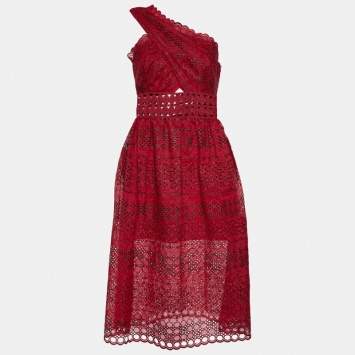 Pre Owned Self-Portrait Burgundy Lace One Shoulder Midi Dress S