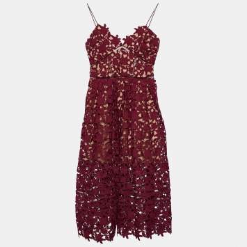 Pre Owned Self-Portrait Burgundy Floral Guipure Lace Azaelea Dress S