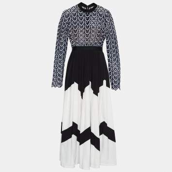 Pre Owned Self-Portrait Navy Blue Sweetheart Crochet & Crepe Maxi Dress S