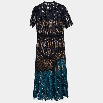 Pre Owned Self-Portrait Black Floral Guipure Lace Prairie Midi Dress M