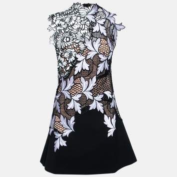 Pre Owned Self-Portrait Black Floral Guipure Lace & Crepe Sleeveless Dress M