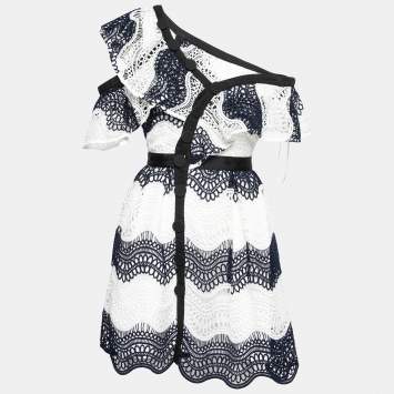 Pre Owned Self-Portrait White & Blue Lace Asymmetrical Mini Dress S