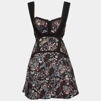 Pre Owned Self-Portrait Black Floral Jacquard Cut-Out Detail Mini Dress S