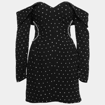 Pre Owned Self-Portrait Black Crepe Embellished Off-Shoulder Diamante Dress S