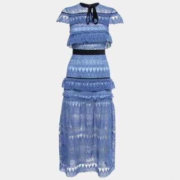 Pre Owned Self-Portrait Blue Teardrop Guipure Lace Daphne Midi Dress S