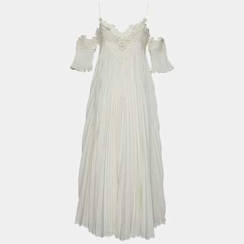 Pre Owned Self-Portrait White Crepe Pleated Lace Trim Off-Shoulder Dress S