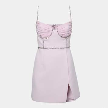 Pre Owned Self-Portrait Pink Crepe Crystal-Embellished Mini Dress S