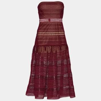 Pre Owned Self-Portrait Burgundy Guipure Lace Strapless Midi Dress M