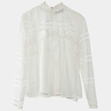 Pre Owned Self-Portrait White Crochet Lace Mock Neck Blouse XS