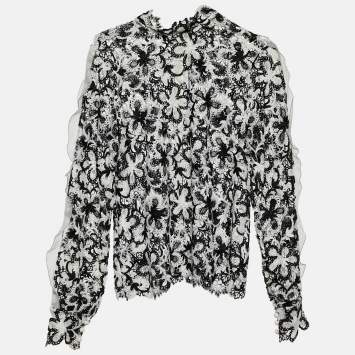 Pre Owned Self-Portrait Monochrome Floral Lace Ruffled Blouse M