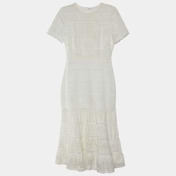 Pre Owned Self-Portrait White Eyelet Cotton Bea Midi Dress M
