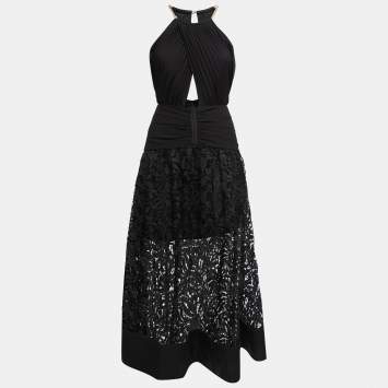Pre Owned Self-Portrait Black Guipure Lace & Crepe Cut-Out Detail Midi Dress S