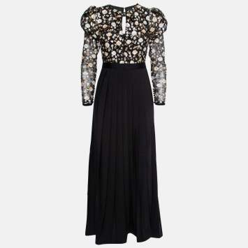 Pre Owned Self-Portrait Black Sequin Embellished Tulle & Crepe Pleated Dress S