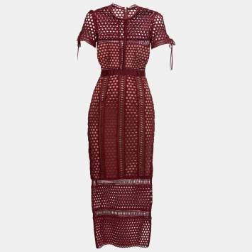 Pre Owned Self-Portrait Burgundy Embroidered Lace Column Midi Dress S
