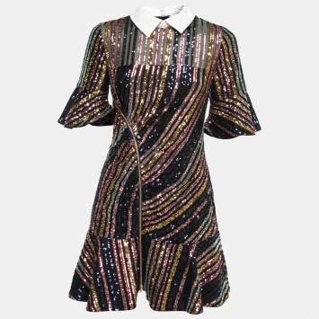 Pre Owned Self-Portrait Multicolor Sequin-Embellished Collared Mini Dress M