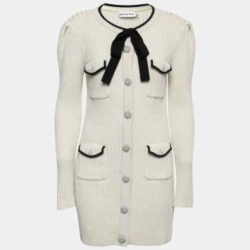 Pre Owned Self-Portrait White Lurex Knit Diamante Mini Dress L