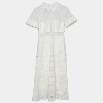 Pre Owned Self-Portrait White Eyelet Lace Raglan Sleeve Midi Dress M