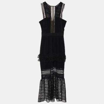 Pre Owned Self-Portrait Black Guipure Lace Ruffled Midi Dress XS