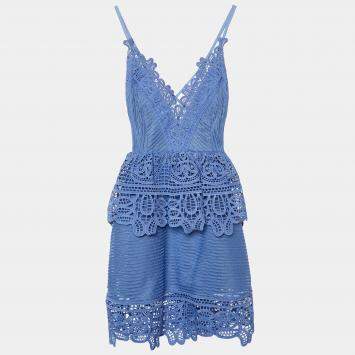 Pre Owned Self-Portrait  Cornflower Blue Guipure Lace Mini Dress S