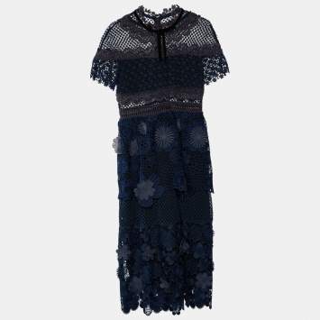 Pre Owned Self-Portrait Navy Blue Guipure Lace & Mesh Midi Dress M