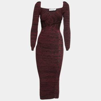 Pre Owned Self-Portrait Burgundy Rib Knit Long Sleeve Midi Dress S