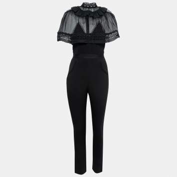 Pre Owned Self-Portrait Black Knit & Lace Trim Jumpsuit S