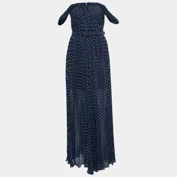 Pre Owned Self-Portrait Blue Dotted Chiffon Off-Shoulder Pleated Jumpsuit S