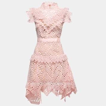 Pre Owned Self-Portrait Pink Guipure Lace Mini Dress S