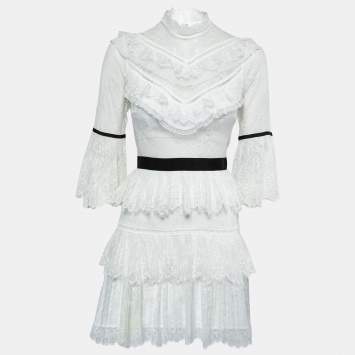 Pre Owned Self-Portrait White Lace Ruffled Midi Dress S