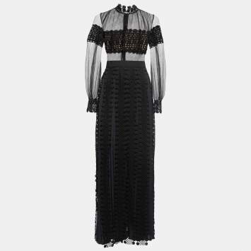 Pre Owned Self-Portrait Navy Blue & Black Lace Overlay Maxi Dress S