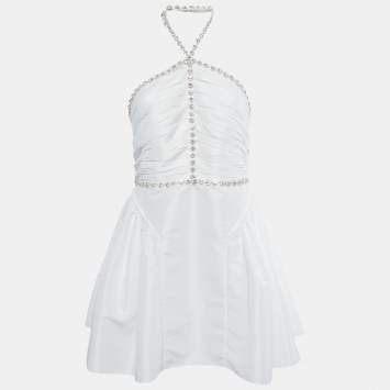 Pre Owned Self-Portrait White Taffeta Rhinestone Embellished Mini Dress M