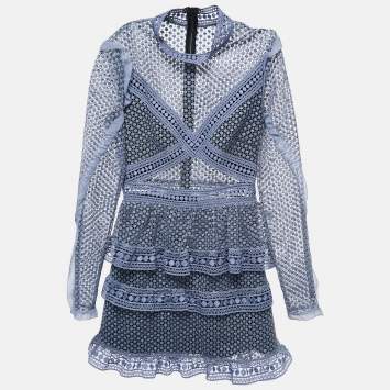 Pre Owned Self-Portrait Blue Guipure Lace Tiered Mini Dress S