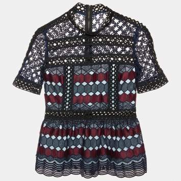 Pre Owned Self-Portrait Navy Blue Hexagonal Guipure Lace Top M