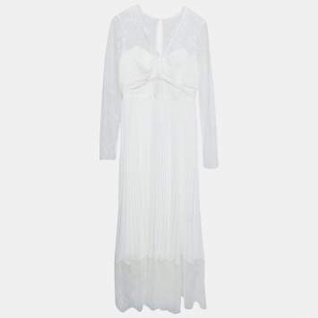 Pre Owned Self-Portrait White Chiffon Lace Trimmed Pleated Midi Dress M