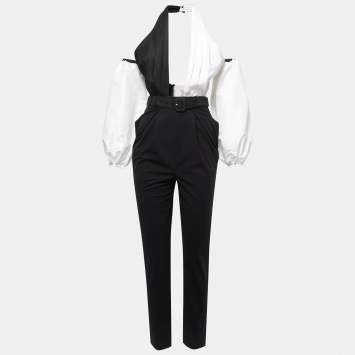 Pre Owned Self-Portrait Black/White Taffeta Off Shoulder Belted Jumpsuit S