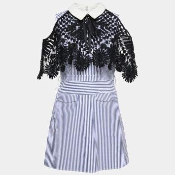 Pre Owned Self-Portrait Blue Striped Cotton Lace Overlay Mini Dress M