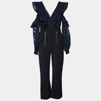 Pre Owned Self-Portrait Navy Blue Guipure Lace & Black Crepe Cold Shoulder Jumpsuit M