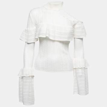 Pre Owned Self-Portrait White Open Knit Ruffled Cutout Detail Pullover S